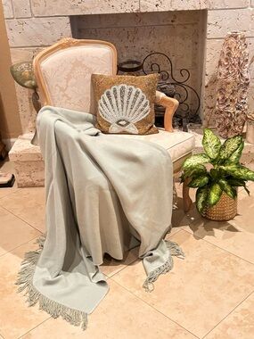 SFERRA Luxury Throw Blanket 68x53 Neutral Green Woven Fringe Cozy Chic